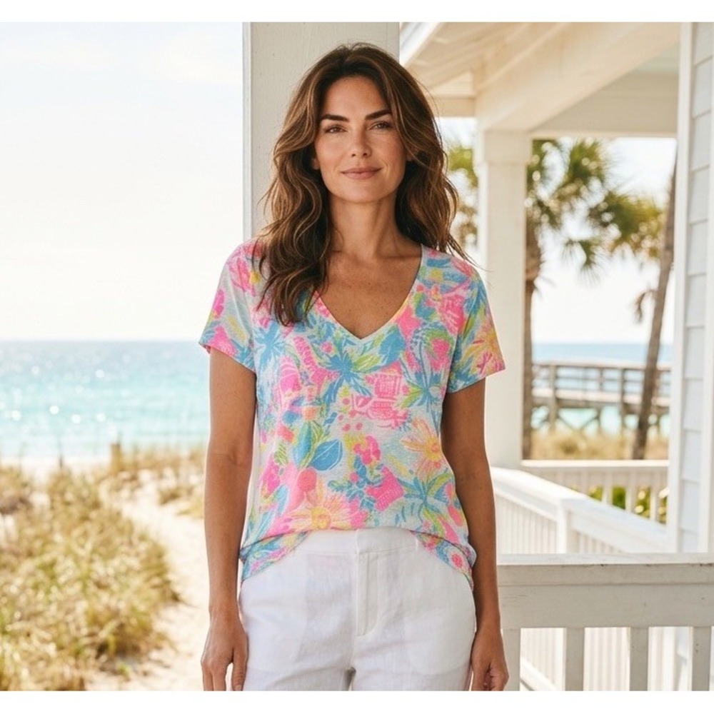New Lilly Pulitzer Etta V-Neck Top T Shirt Lilly Loves Florida Pink Size XL RARE